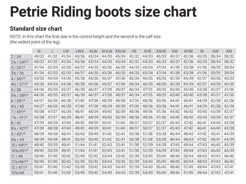 Petrie Dressage Boots Size Chart