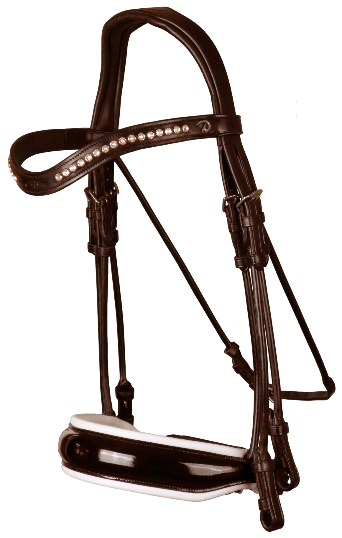 Round Sewn Double Bridle - Brown/White/Patent