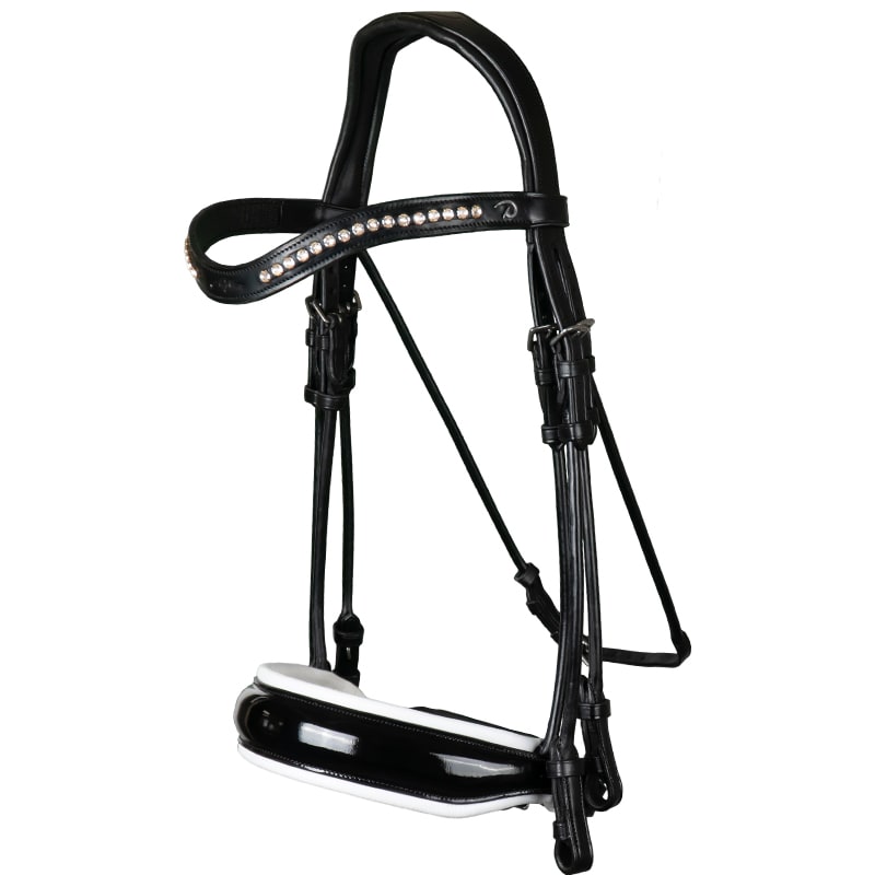 Round Sewn Double Bridle - Black/White/Patent