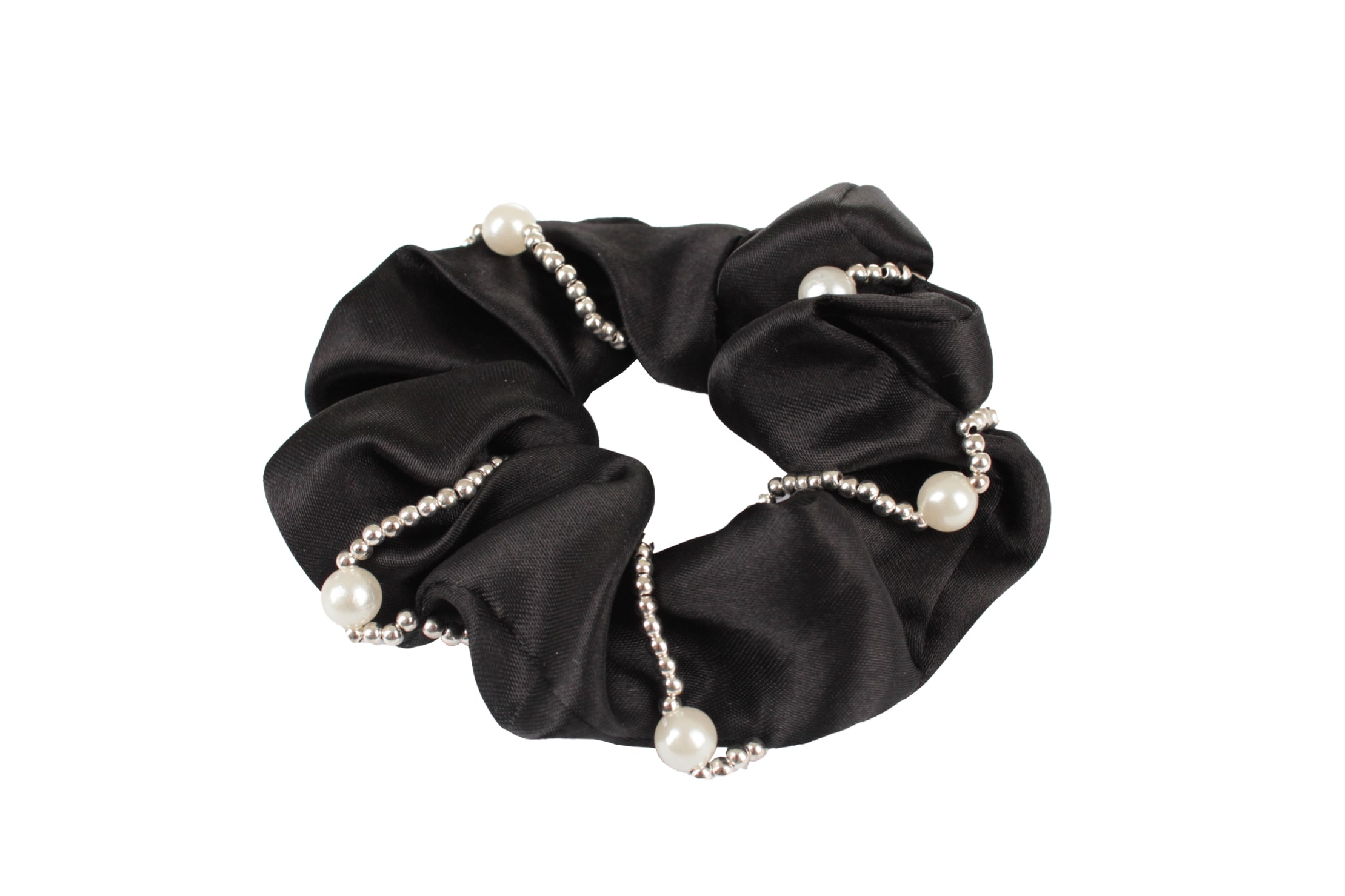 Satin Scrunchie with pearls - black