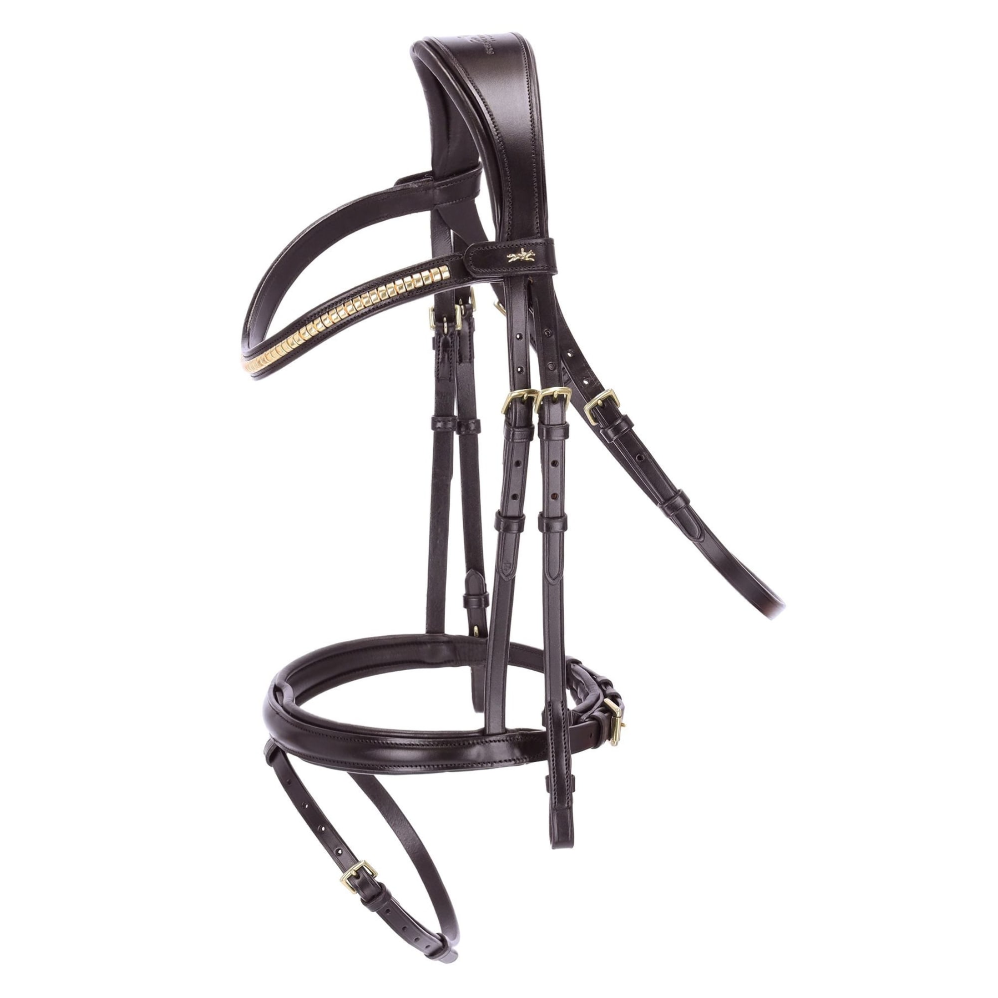 Mörkbrunt hoppträns med engelsk kombinerad nosgrimma och clincher-pannband.