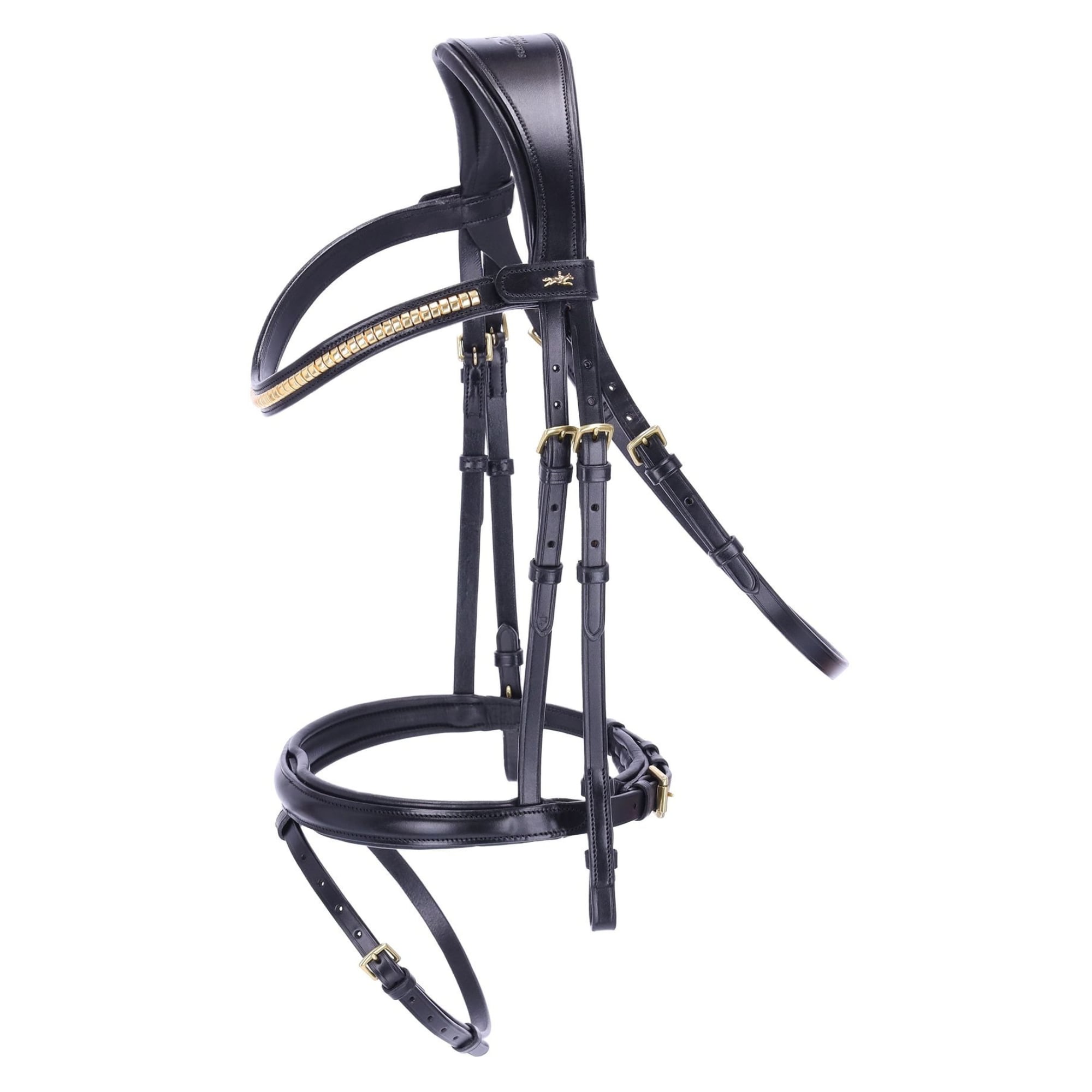 Svart hoppträns med engelsk kombinerad nosgrimma och clincher-pannband.