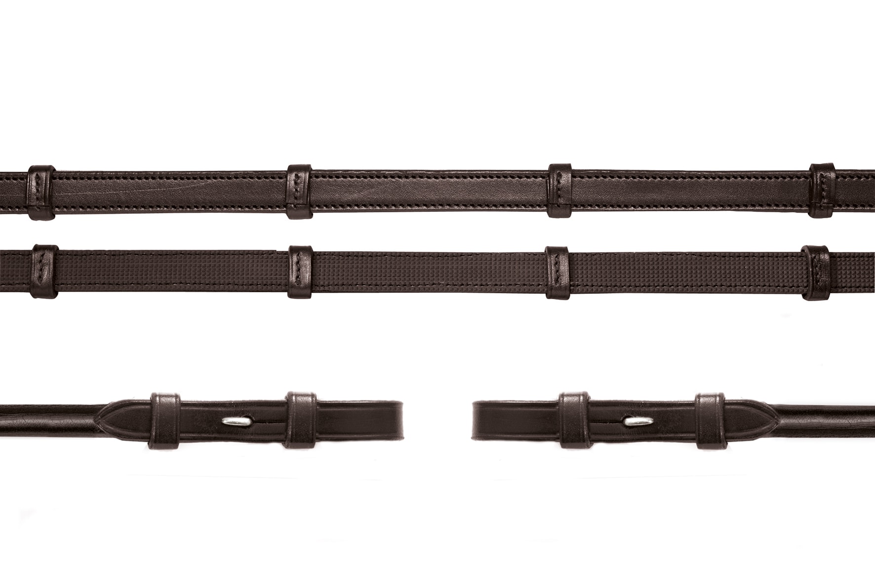 Rolled leather/rubber reins - Espresso/Silver