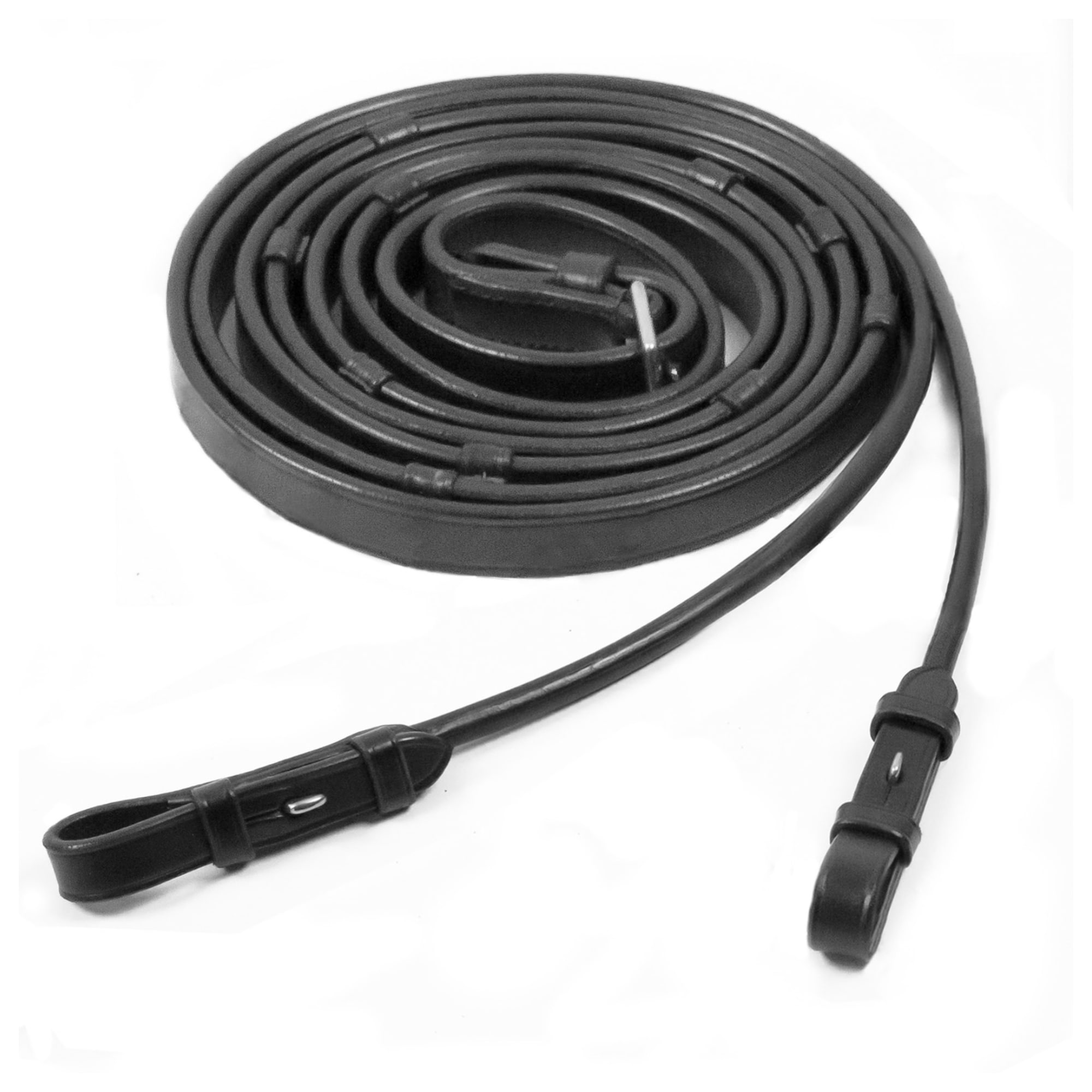 Rolled Leather Reins with Stops - Black/Silver